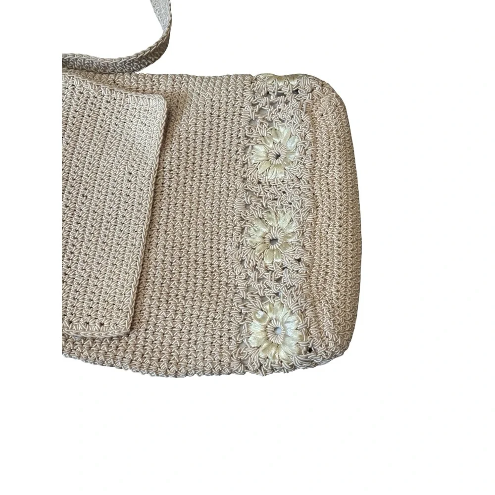 Frankie & Johnnie Crochet Crossbody Bag Tan Beige Floral Embroidered Small Woven